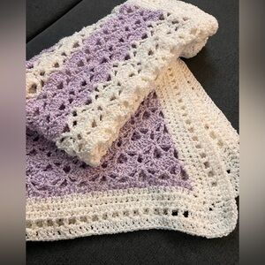 NWT Handmade Baby Blanket in Purple and White Crochet (30” x 40”)